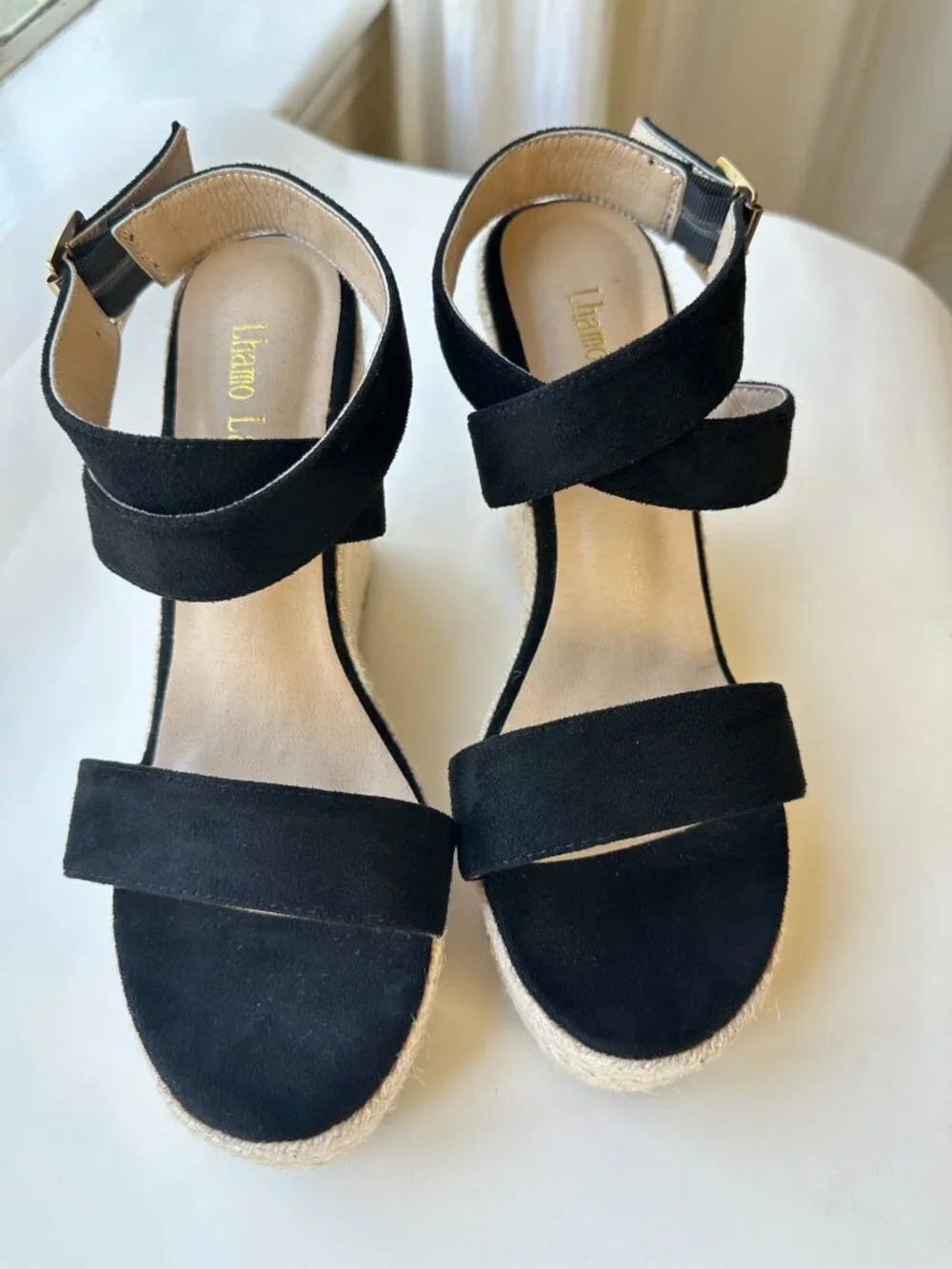 Lhamo Latso Black Suede Espadrille Wedge Sandals Cross Ankle Strap Size 40